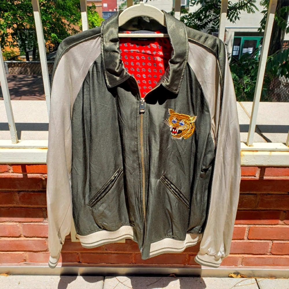 The Kooples men's khaki jacket with tiger embroidery.